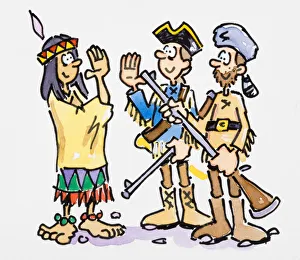 Cartoon of Native American greeting two men Cartoon of Native American greeting two men