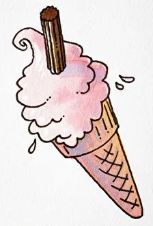 Cartoon, pink ice cream with chocolate flake in wafer cone Cartoon, pink ice cream with chocolate flake in wafer cone