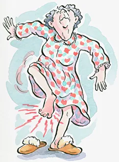 Cartoon of senior woman in nightdress and slippers standing on one leg in pain from paraesthesia, or pins and needles Cartoon of senior woman in nightdress and slippers standing on one leg in pain from paraesthesia, or pins and needles