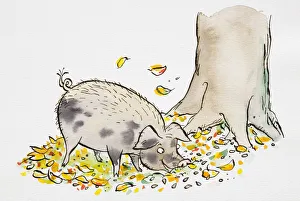 Cartoon of smiling grey wild Pig grazing by the foot of tree trunk Cartoon of smiling grey wild Pig grazing by the foot of tree trunk