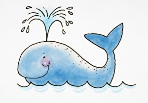 Cartoon, smiling whale spouting water from its blowhole, side view Cartoon, smiling whale spouting water from its blowhole, side view