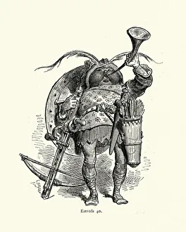 Character sketch of a medieval crossbow man blowing a horn Character sketch of a medieval crossbow man blowing a horn