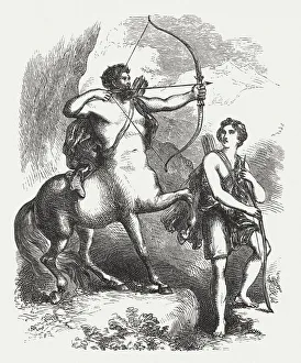 Chiron teaching Achilles, Greek mythology, wood engraving, published in 1880 Chiron teaching Achilles, Greek mythology, wood engraving, published in 1880