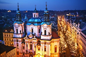 Church lights city street in Prague Czech Republic Church lights city street in Prague Czech Republic