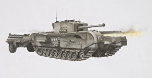 Churchill Tank mounted with a flame gun at the front and armoured trailer at the back Churchill Tank mounted with a flame gun at the front and armoured trailer at the back