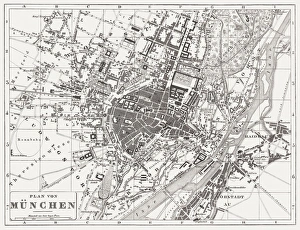 City map of Munich, wood engraving, published in 1854 City map of Munich, wood engraving, published in 1854