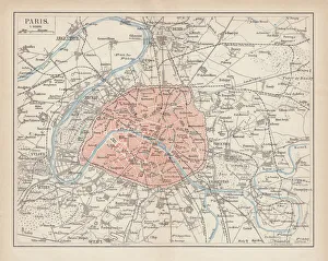City map of Paris, lithograph, published in 1877 City map of Paris, lithograph, published in 1877