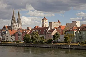 Cityscape with the Danube, historic centre, the clock tower of the Old Town Hall Cityscape with the Danube, historic centre, the clock tower of the Old Town Hall
