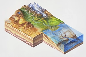 Clastic rock formations showing mountains, glacier, river delta, lake, desert Clastic rock formations showing mountains, glacier, river delta, lake, desert