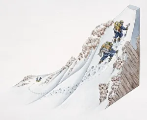 Two climbers with backpacks climbing snowy mountain-side using mallets, section Two climbers with backpacks climbing snowy mountain-side using mallets, section