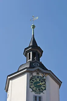 Clock with mechanical figures, tower of city hall, market square, Jena, Thuringia Clock with mechanical figures, tower of city hall, market square, Jena, Thuringia
