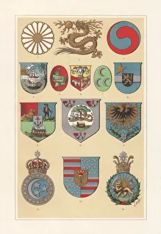 Coat of arms of African and Asian countries, chromolithograph, published 1897 Coat of arms of African and Asian countries, chromolithograph, published 1897