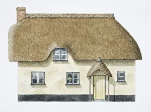 Cob cottage with overhanging thatch roof, front view Cob cottage with overhanging thatch roof, front view