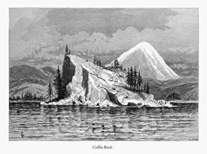 Coffin Rock, Columbia River, Oregon, United States, American Victorian Engraving, 1872 Coffin Rock, Columbia River, Oregon, United States, American Victorian Engraving, 1872