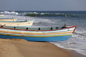Colorful fishing boats on the beach, Somatheeram Beach, Malabarian Coast, Malabar, Kerala, India, Asia Colorful fishing boats on the beach, Somatheeram Beach, Malabarian Coast, Malabar, Kerala, India, Asia