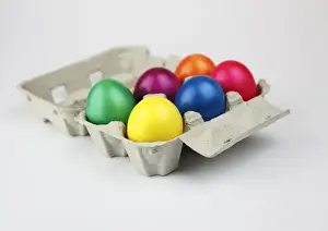 Traditional Easter Egg Display Prints: Colourful Easter eggs in an egg box