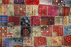 Colourful patchwork carpet with small mirrors, Rajasthan, India, Asia Colourful patchwork carpet with small mirrors, Rajasthan, India, Asia