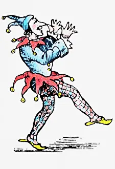 Court Jester dressed in red and blue wearing bells, stepping forward Court Jester dressed in red and blue wearing bells, stepping forward