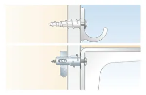 Cross section digital Illustration OF drive-in fixing, and metal toggle fixing inserted Cross section digital Illustration OF drive-in fixing, and metal toggle fixing inserted