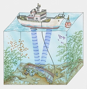 Cross section illustration of measuring distance from surface of water to ship on ocean Cross section illustration of measuring distance from surface of water to ship on ocean