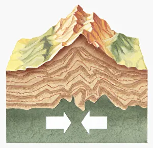 Cross section illustration showing tectonic plates colliding and pushing up to form mountains Cross section illustration showing tectonic plates colliding and pushing up to form mountains