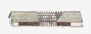 Cross section illustration of timber longhouse with thatched roof, Bylany, Moravia Cross section illustration of timber longhouse with thatched roof, Bylany, Moravia