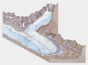 Cross section illustration of valley glacier in mountains Cross section illustration of valley glacier in mountains