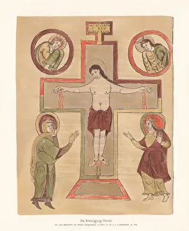 Crucifixion of Christ, gospel book (9th century), facsimile (chromolithograph), 1897 Crucifixion of Christ, gospel book (9th century), facsimile (chromolithograph), 1897