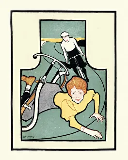 Cycling man and woman, falling off bicycle, 19th Century, Jugendstil, Art nouveau Cycling man and woman, falling off bicycle, 19th Century, Jugendstil, Art nouveau