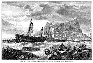 The damaged HMS Victory being towed into Gibraltar after the Battle of Trafalgar, 1805 The damaged HMS Victory being towed into Gibraltar after the Battle of Trafalgar, 1805