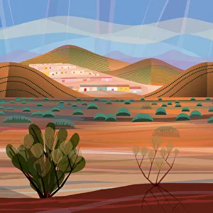 Desert Landscape looking out from mountaintop to valley and mountain village in distance Desert Landscape looking out from mountaintop to valley and mountain village in distance