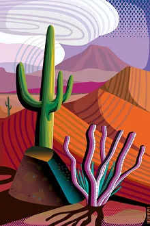 Desert, Saguaro and Ocotillo Cactus, Mountains in distance Landscape Illustration Desert, Saguaro and Ocotillo Cactus, Mountains in distance Landscape Illustration