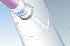 Digital illustration of caulk gun used to repair leaking roof gutter joint with mastic Digital illustration of caulk gun used to repair leaking roof gutter joint with mastic