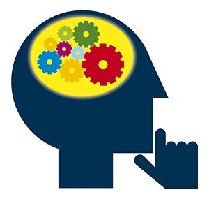 Digital illustration of cogs inside head representing how parts of human brain co-ordinate with each other Digital illustration of cogs inside head representing how parts of human brain co-ordinate with each other