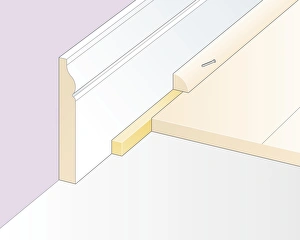 Digital Illustration of cork expansion strip, and quadrant moulding nailed to skirting board Digital Illustration of cork expansion strip, and quadrant moulding nailed to skirting board
