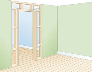 Digital illustration of doorframe showing trimmer, noggin, lining Digital illustration of doorframe showing trimmer, noggin, lining