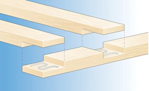 Digital illustration of gluing wood halving joints to end and middle of timber Digital illustration of gluing wood halving joints to end and middle of timber