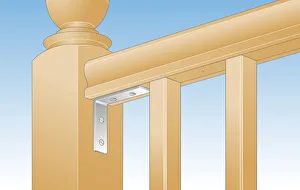 Digital illustration loose handrail secured to newel post with metal bracket Digital illustration loose handrail secured to newel post with metal bracket