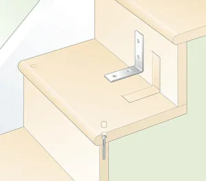 Digital illustration of reinforcing joints between riser and tread using covered screws and recessed brackets Digital illustration of reinforcing joints between riser and tread using covered screws and recessed brackets