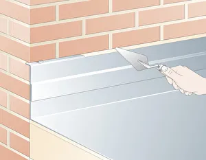 Digital illustration of repointing mortar joint around metal flashing above extension Digital illustration of repointing mortar joint around metal flashing above extension