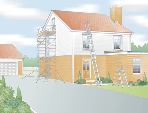 Digital illustration secure ladders and access tower outside house Digital illustration secure ladders and access tower outside house