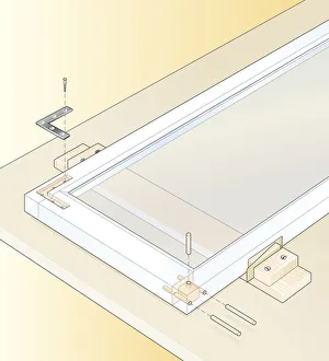 Digital illustration of securing loose joints in casement window with recessed metal Digital illustration of securing loose joints in casement window with recessed metal