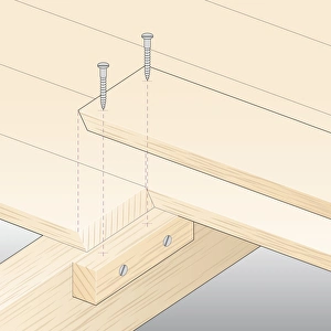 Digital illustration showing batten screwed to joist below timber floorbaords Digital illustration showing batten screwed to joist below timber floorbaords