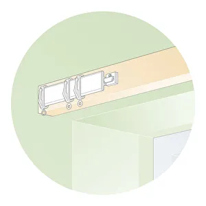 Digital illustration showing curtain hooks on plastic curtain rail track Digital illustration showing curtain hooks on plastic curtain rail track