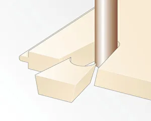 Digital illustration showing dovetail cut from wooden floor to fit around pipe Digital illustration showing dovetail cut from wooden floor to fit around pipe