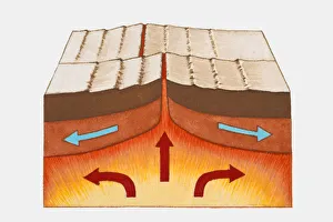 Digital illustration showing formation of oceanic crust with lava beneath Earths surface rising to form rocks Digital illustration showing formation of oceanic crust with lava beneath Earths surface rising to form rocks