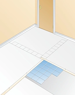 Digital illustration showing planning of tiled floor with battens, central line Digital illustration showing planning of tiled floor with battens, central line
