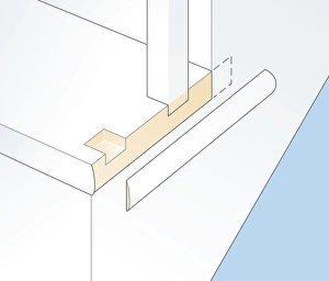 Digital illustration showing prised off planted moulding below balusters Digital illustration showing prised off planted moulding below balusters