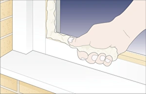 Digital Illustration showing how to stick glazing putty to edge of window frame using thumb Digital Illustration showing how to stick glazing putty to edge of window frame using thumb