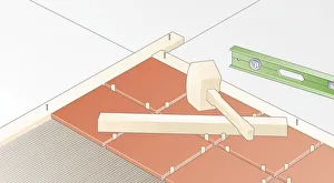 Digital Illustration of spaced quarry tiles embedded in cement-based adhesive, and wood block, mallet, and spirit level Digital Illustration of spaced quarry tiles embedded in cement-based adhesive, and wood block, mallet, and spirit level